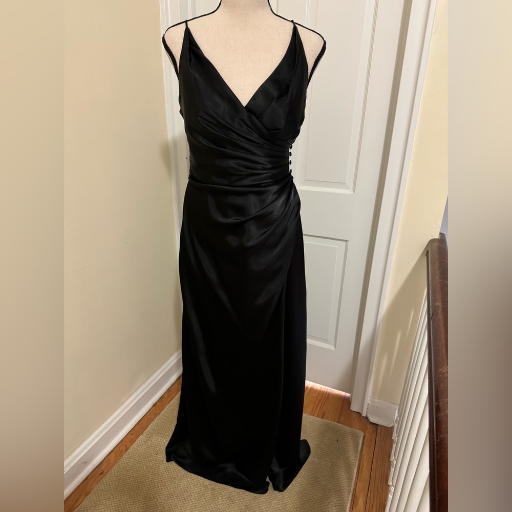 David’s Bridal black charmeuse draped strappy black bridesmaid dress size 6